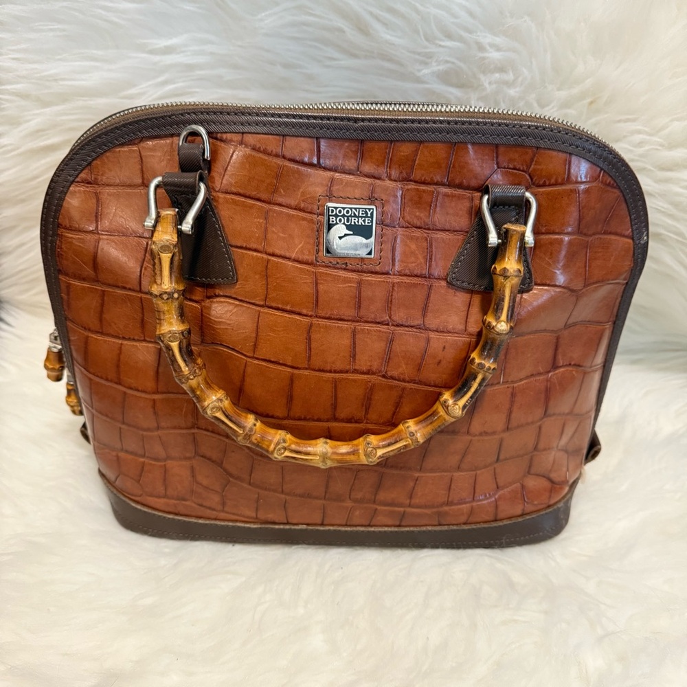 Dooney & Bourke Tan Croc-Embossed Satchel with Bamboo Handles